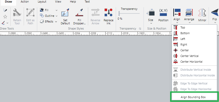 Align Bounding Box Command from the Align Menu in the Align and Arrange Panel on the Draw Ribbon Tab for Multiple Selected Objects Align Bounding Box Command from the Align Menu in the Align and Arrange Panel on the Draw Ribbon Tab for Multiple Selected Objects